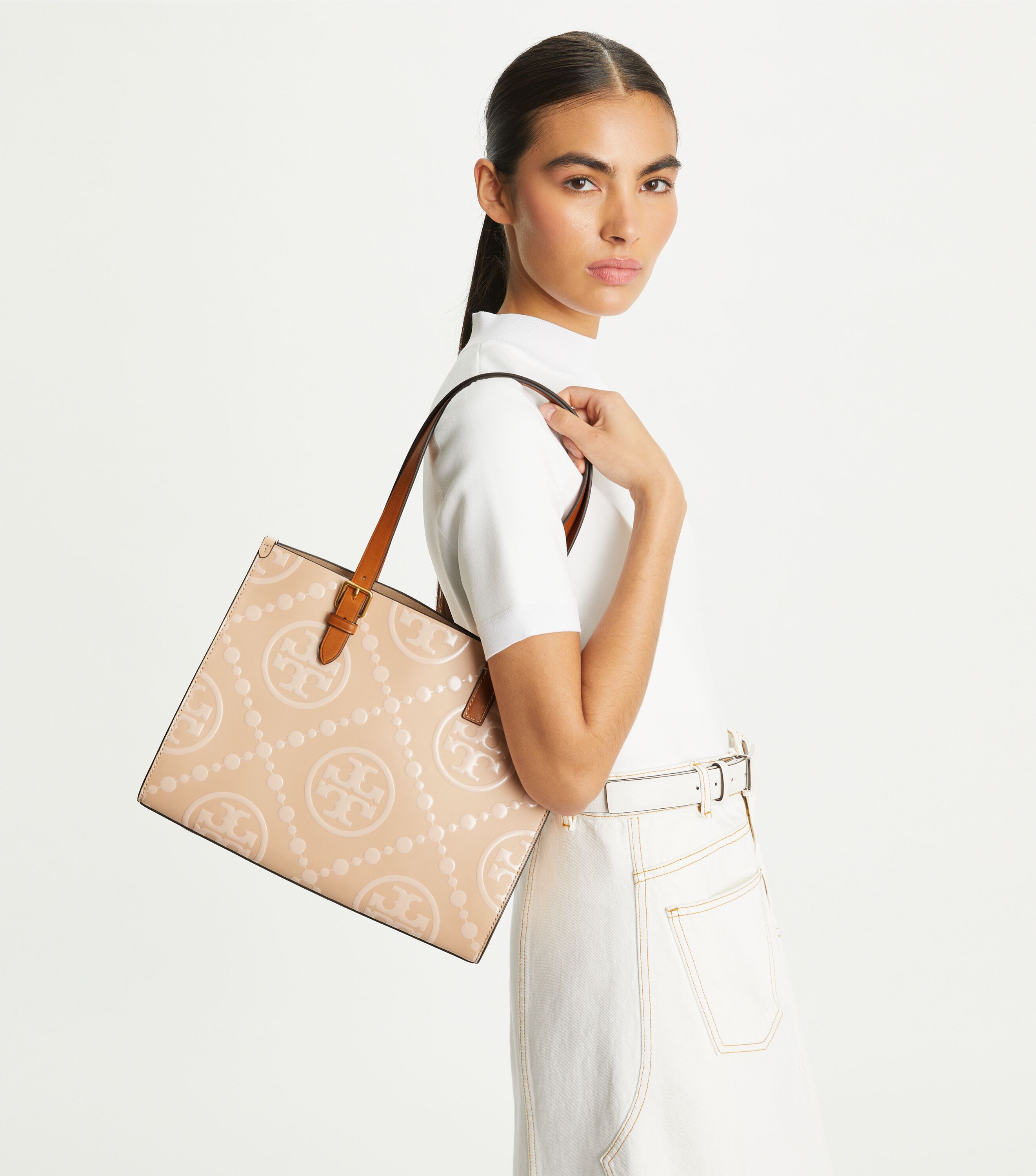 Small T Monogram Contrast Embossed Tote, Warm Chai | Tory Burch KW