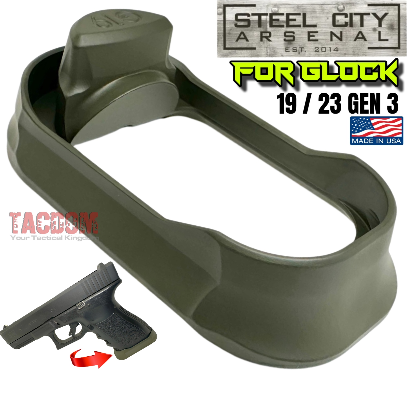 STEEL CITY ARSENAL GLOCK 19 / 23 ENHANCED OD GREEN BILLET ALUMINUM