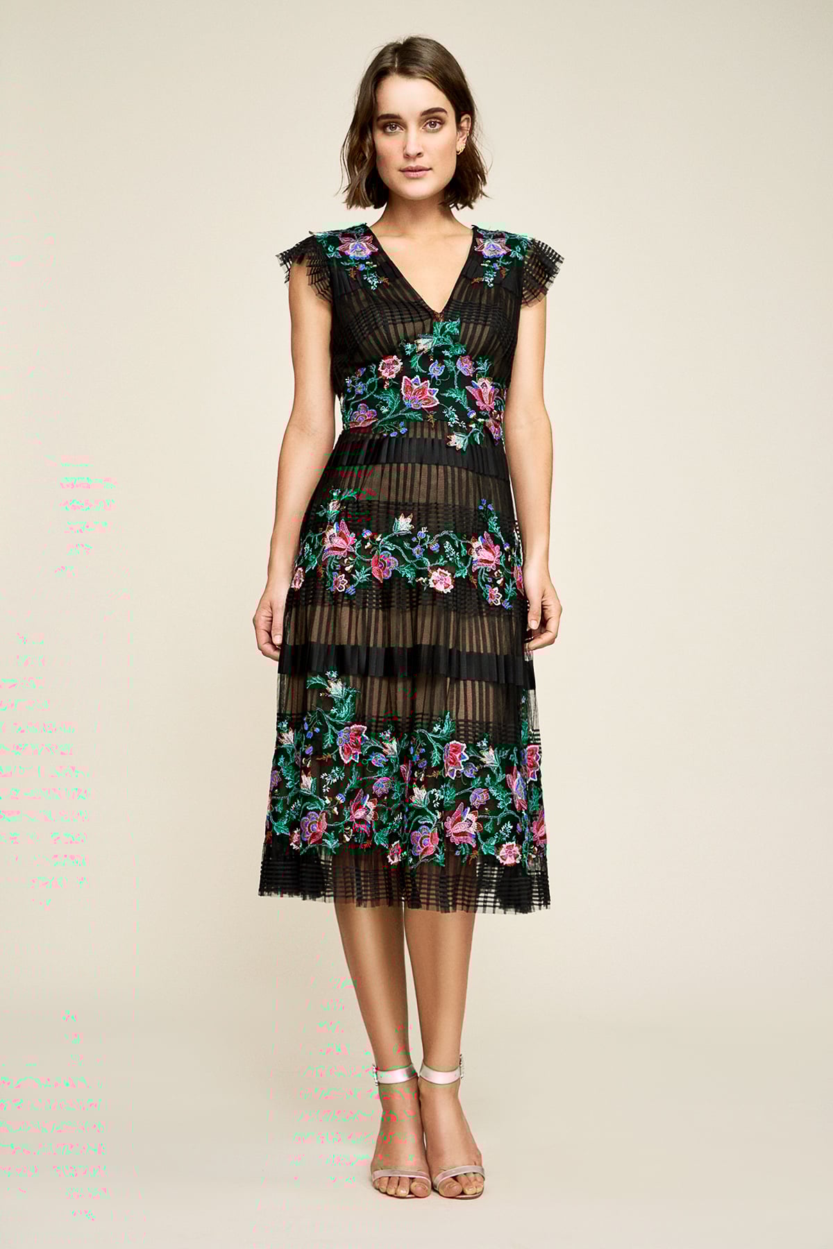 Hazel Pleated Tulle Floral Dress | Tadashi Shoji