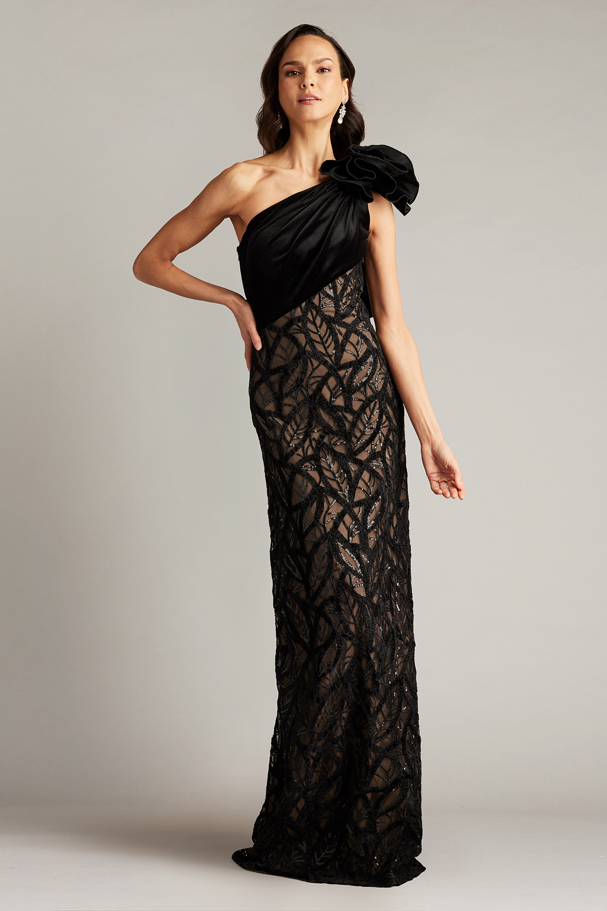 Caraway One Shoulder Leaf Motif Gown | Tadashi Shoji