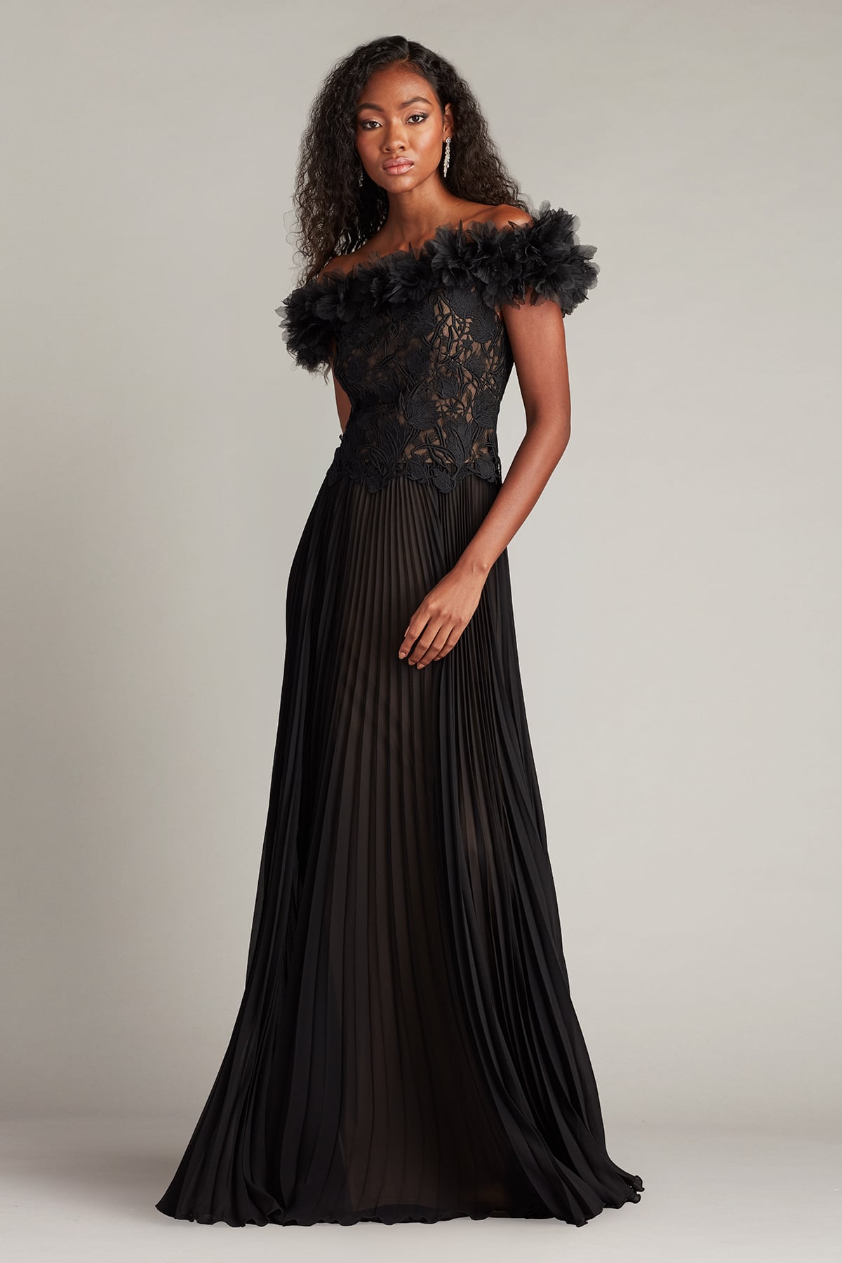 Margaux Off-Shoulder Floral Ruffle Trim Gown | Tadashi Shoji