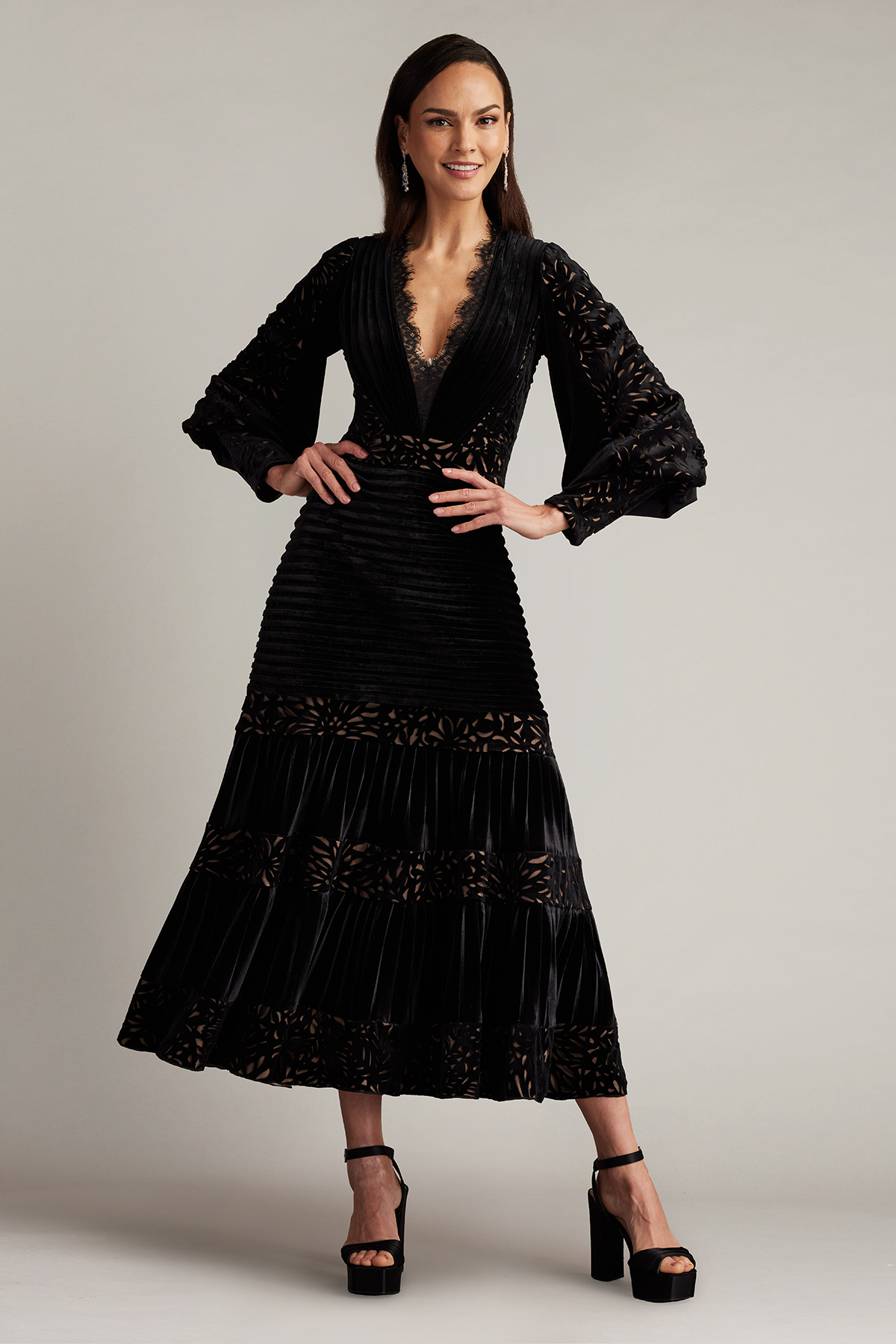 Sonata Pleated Velvet Midi Dress | Tadashi Shoji