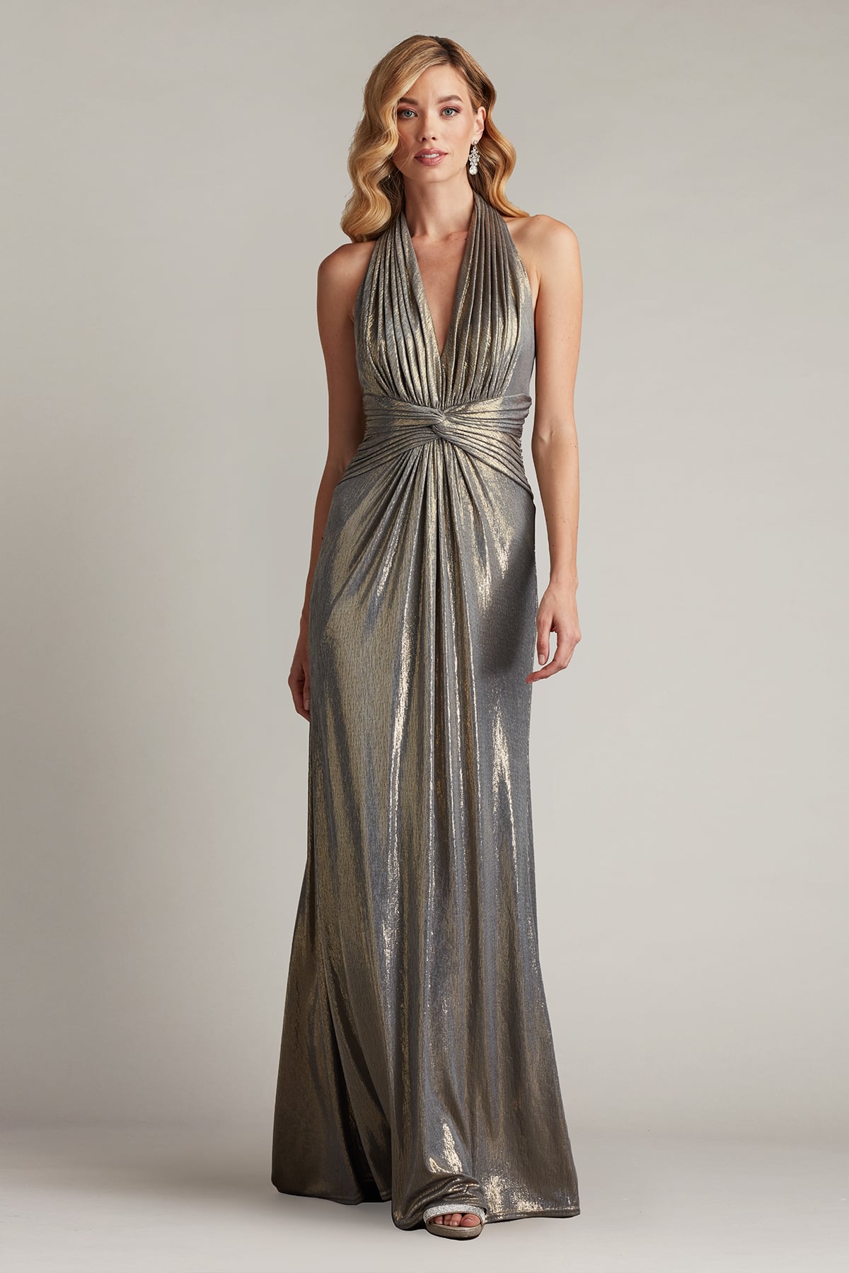 Mona Pleated Metallic Halter Gown SMKPL | Tadashi Shoji