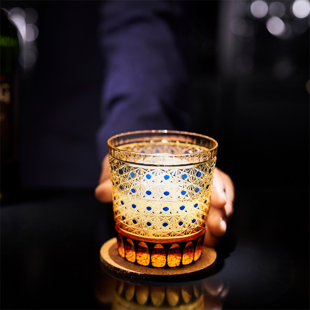 江戸切子 菊籠目紋 クリスタルオールドグラス 「琥珀ルリ」 | 商品詳細