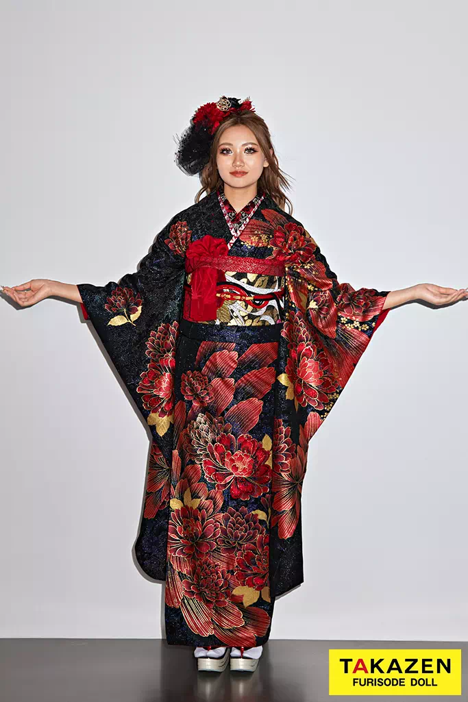 振袖フルセット ギャル 黒赤花柄 絹素材 振袖フルセット ギャル 黒赤花