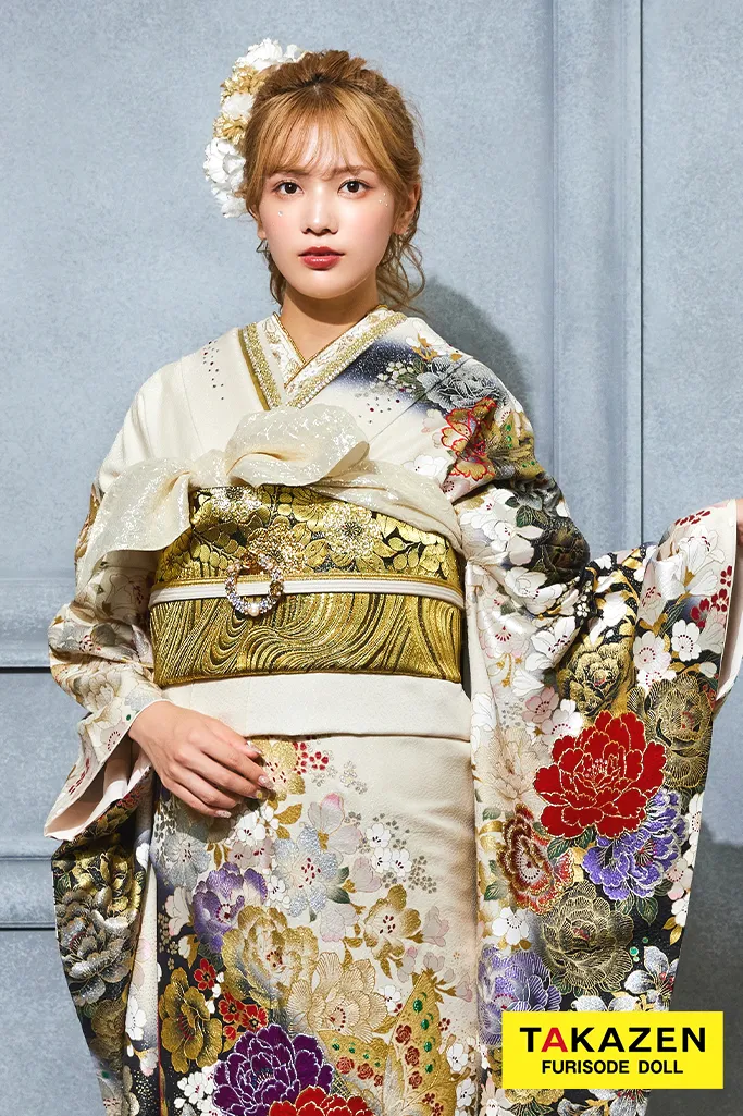 格安モード系 白/金 牡丹柄 桂由美デザイン振袖 かっこいい 派手