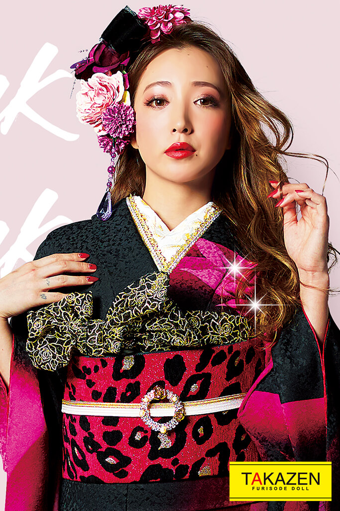 振袖フルセット ギャル 黒赤花柄 絹素材 振袖フルセット ギャル 黒赤花