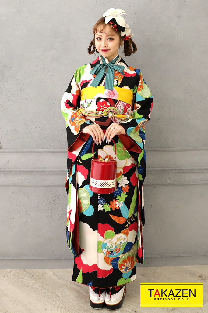 レトロ 黒/赤 和柄 個性的 モダン振袖 中華風 リボン半衿アレンジ