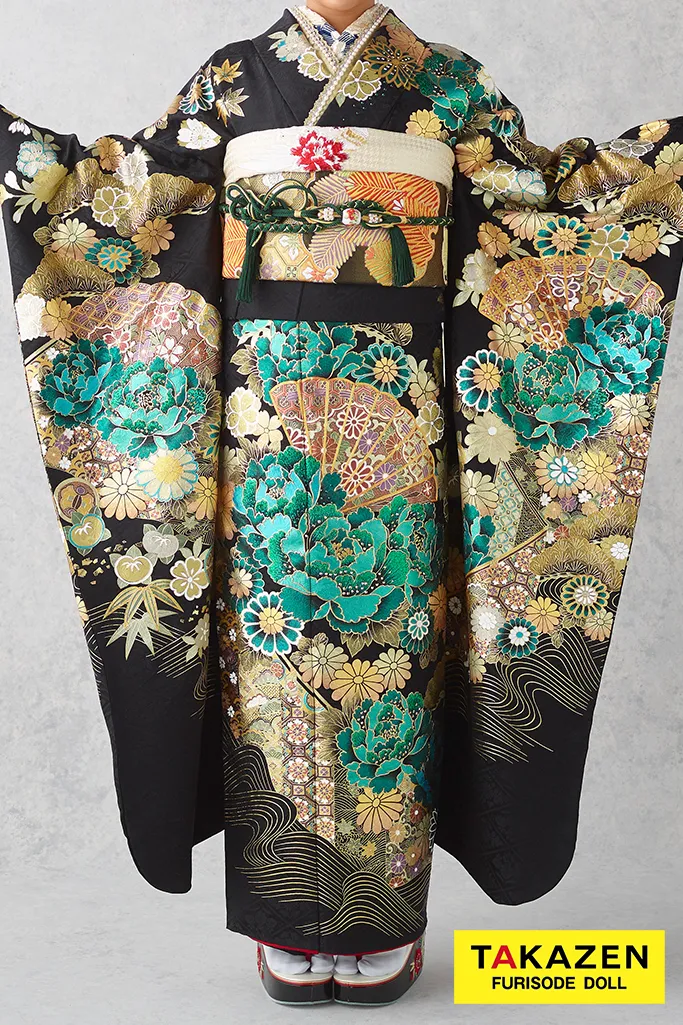 粋古典 黒/緑/ゴールド(金色) 牡丹柄 派手 人と被らない かっこいい 最