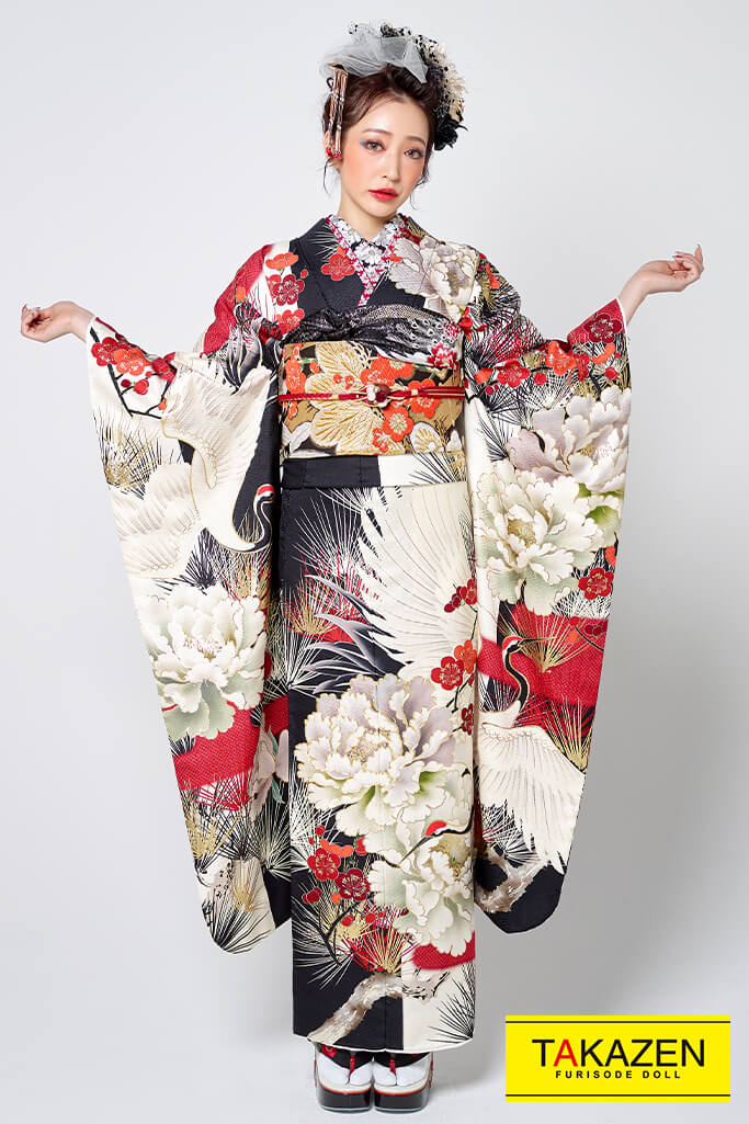 ジャパンモード 白/黒/赤 鶴柄 目立つ振袖 かっこいい極妻風 坂本礼美