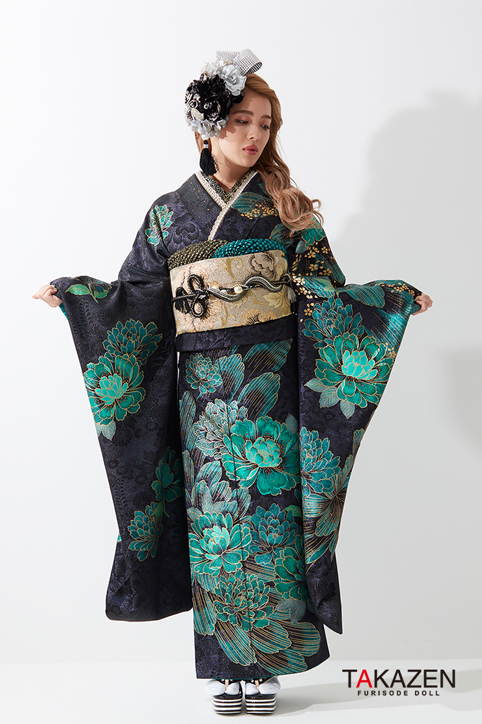 振袖フルセット ギャル 黒赤花柄 絹素材 振袖フルセット ギャル 黒赤花
