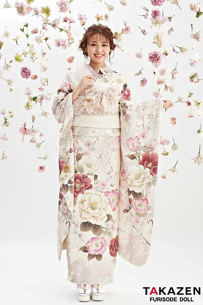 くすみカラーガーリー 白/ピンク/淡色 椿柄 かわいい リボン小物コーデ