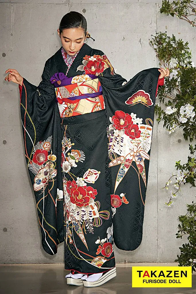 粋古典 黒地/赤 ツバキ柄 大人っぽい着こなし かっこいい振袖 シック