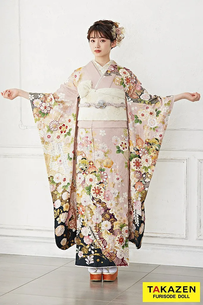 美品】お召し 辻が花模様織り出し 刺繍 優しいグレー 淡ピンク 正絹 美