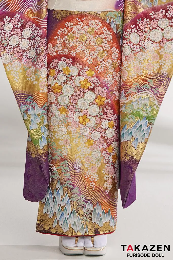 振袖フルセット6点サイズM〜L相良刺繍 振袖 流水花文 暈し染め 金彩