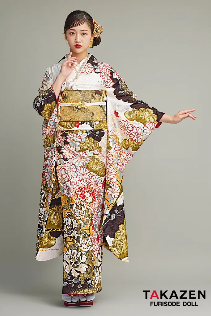 最高級古典柄振袖 滝泰/最高級金彩刺繍絞り友禅 白/金/茶 鞠柄/牡丹柄