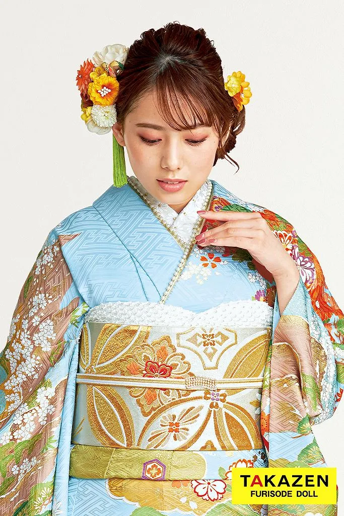 正統派古典 水色/ゴールド(金色) 牡丹柄 綺麗 金彩 正絹 桂由美