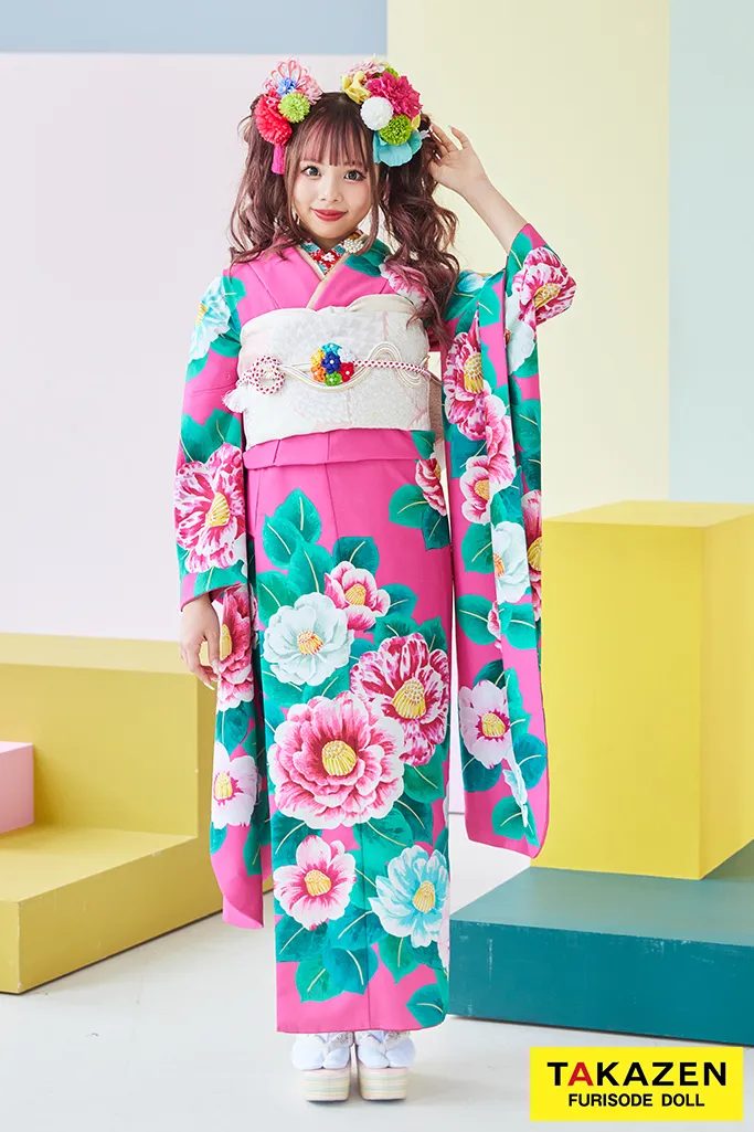 レトロポップ ショッキングピンク 椿柄 個性的 目立つ かわいい