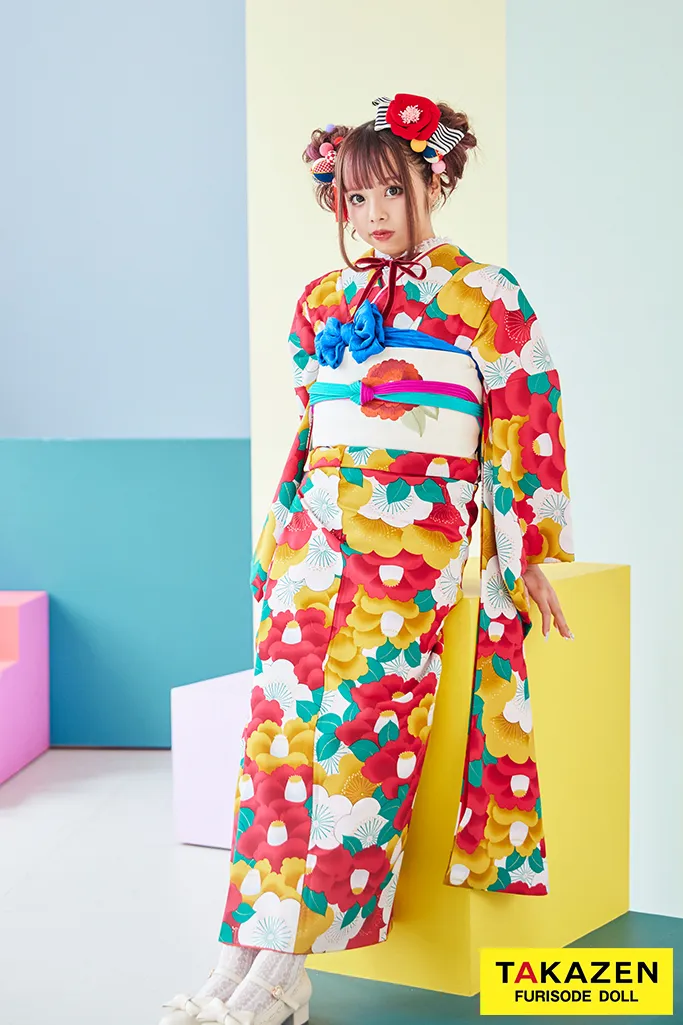 レトロポップ オレンジ/赤/黄 ツバキ柄/総柄 柄多め 個性的 可愛い