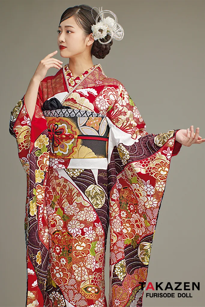 最高級古典柄振袖 滝泰/最高級金彩刺繍絞り友禅 赤/金 貝桶柄/牡丹柄