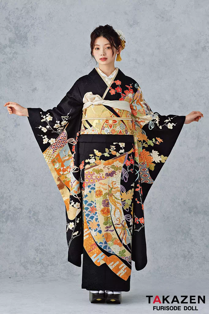 最高級古典柄振袖 千總/最高級金彩刺繍手描京友禅 黒/金 几帳柄/鳳凰柄