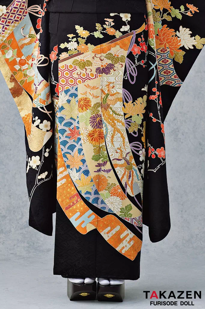 最高級古典柄振袖 千總/最高級金彩刺繍手描京友禅 黒/金 几帳柄/鳳凰柄