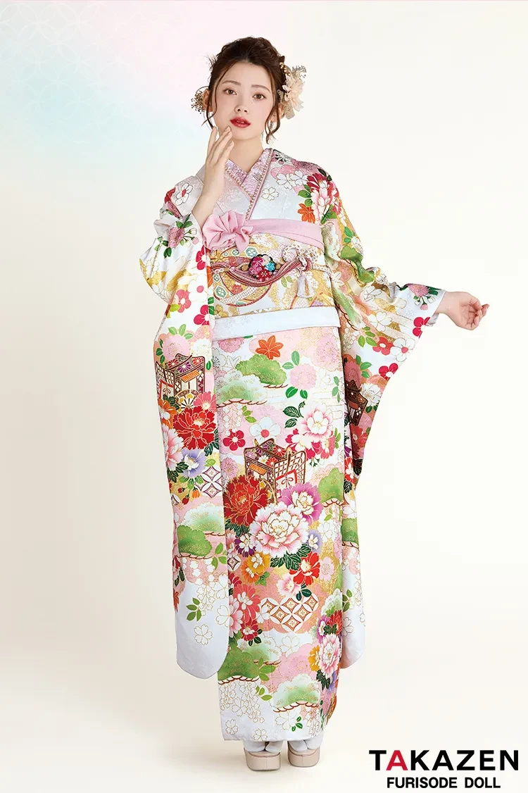 正統派古典 白/ピンク 御所車柄/牡丹柄 吉澤織物/最高級金彩手描友禅