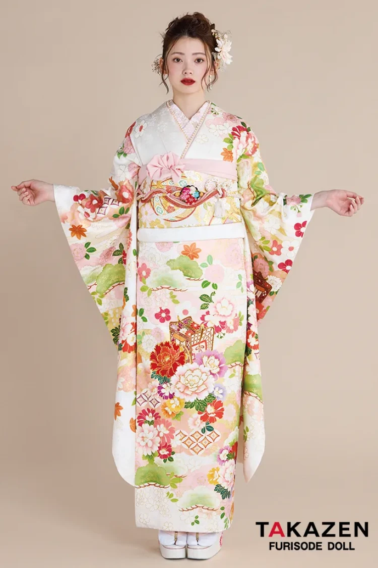 正統派古典 白/ピンク 御所車柄/牡丹柄 吉澤織物/最高級金彩手描友禅