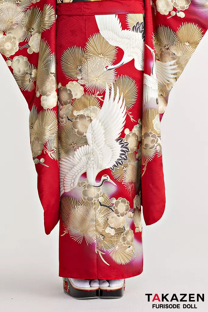 な*お様 振袖 振袖フルセット 着物 鶴模様 竹松 金彩 朱色 金糸 粋古典