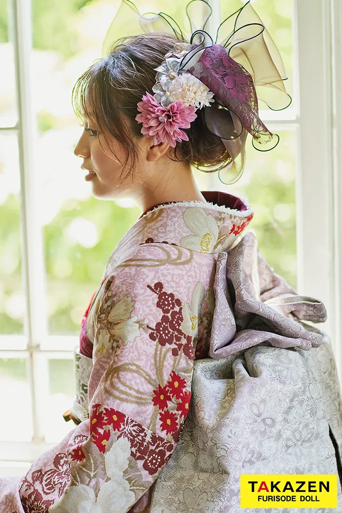 くすみカラーレトロ ダスティーピンク 椿柄/組紐 ガーリー モダン