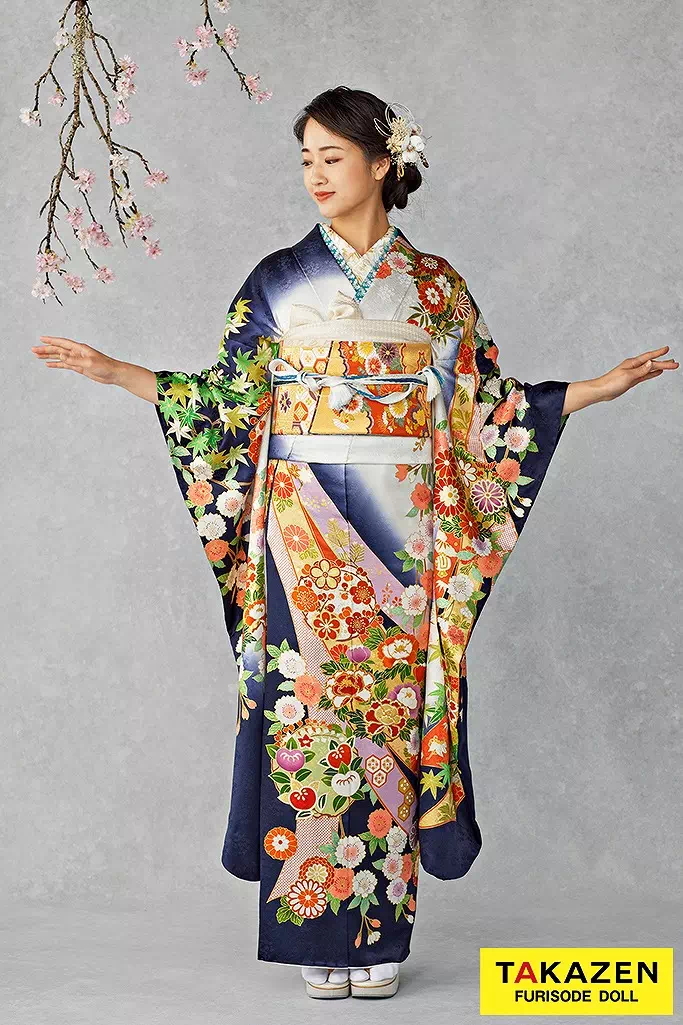 最高級古典柄振袖 吉澤織物/文楽/人間国宝吉田簑助 紺色/ネイビー/白