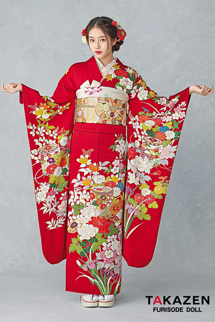 最高級古典柄振袖 千總/最高級金彩刺繍手描京友禅 赤 貝桶柄 上品 綺麗