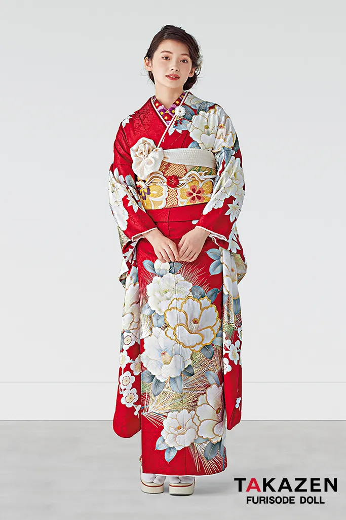 正統派古典 赤/白 椿柄/針松 上品 おしとやか かわいい【通販可】25066