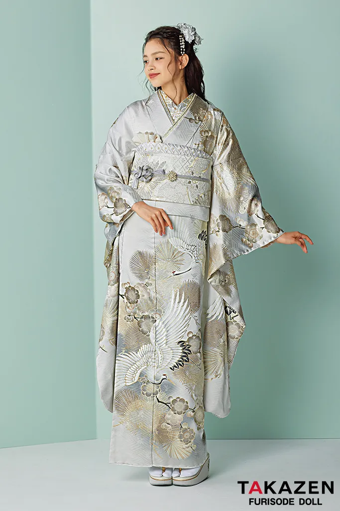 くすみカラーエレガント グレー/ニュアンスカラー 鶴柄/針松柄 大人っ