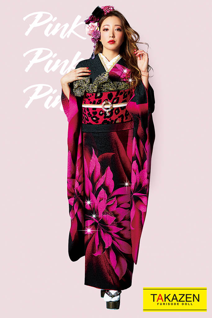 激安モード 黒/ピンク 蓮柄/大柄 かっこいい シンプルギャル振袖
