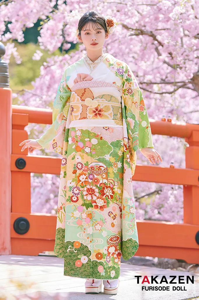 最高級プレミアム古典柄振袖 吉澤織物/最高級染繍桶絞り友禅 黄緑/緑