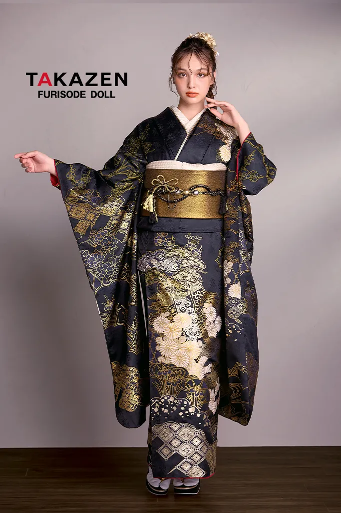 ビンテージスタイル 黒金 和柄 渋い 大人っぽい クール かっこいい振袖