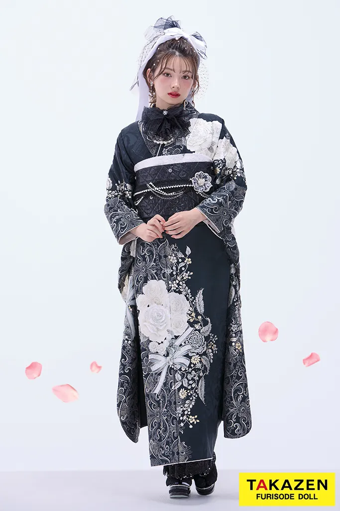 ヘップバーンローズ 黒/白 バラ柄/リボン柄 エレガント かわいい