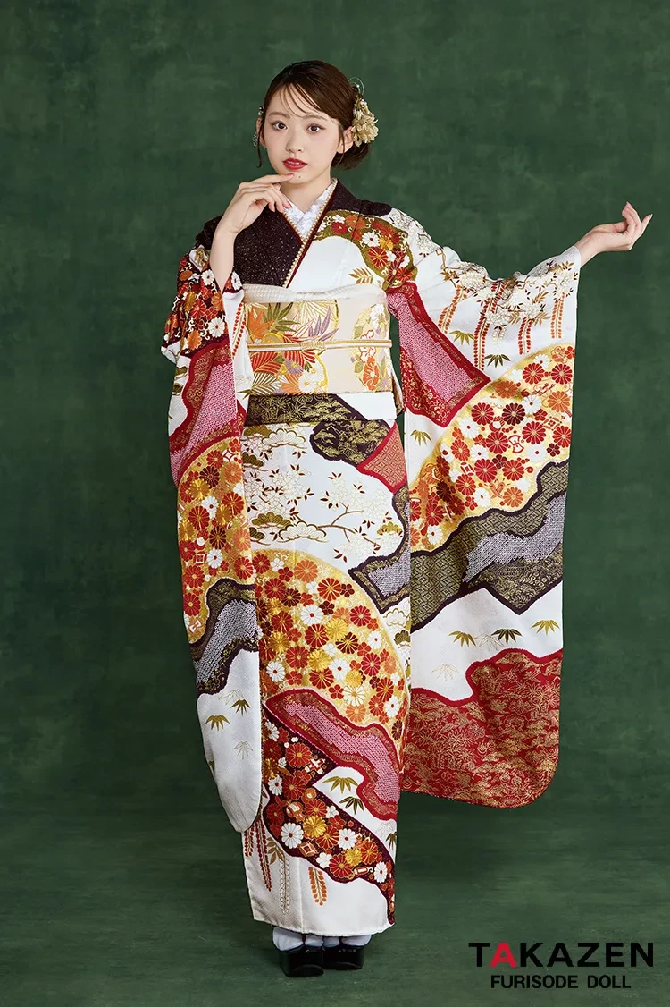 高級総絞り箔振袖単体162.5cmWR56 プレミアム古典 青柳/最高級金駒繍