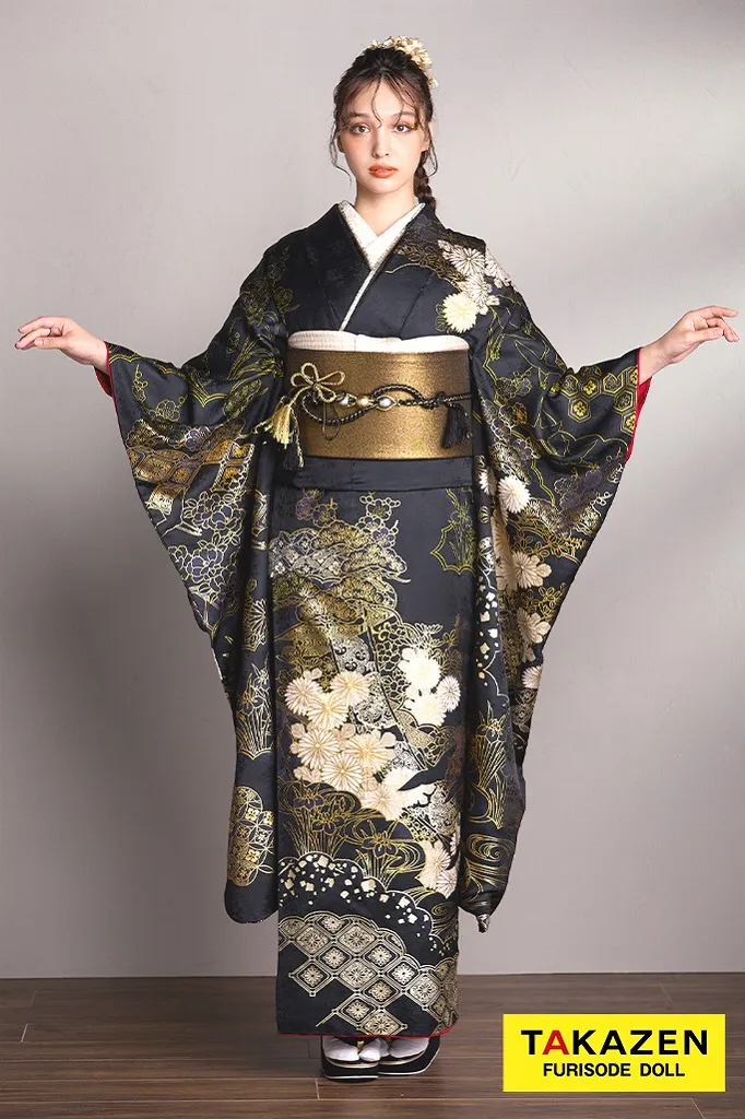 ビンテージスタイル 黒金 和柄 渋い 大人っぽい クール かっこいい振袖