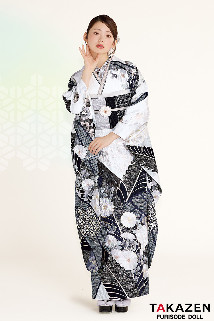 假屋崎省吾ブランド振袖 正統派古典 ベージュ/ブルー 大人っぽい