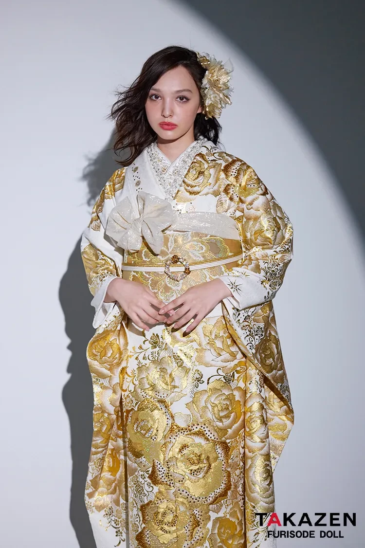 モード系 白金/ゴールド 薔薇柄 ゴージャス キラキラ振袖