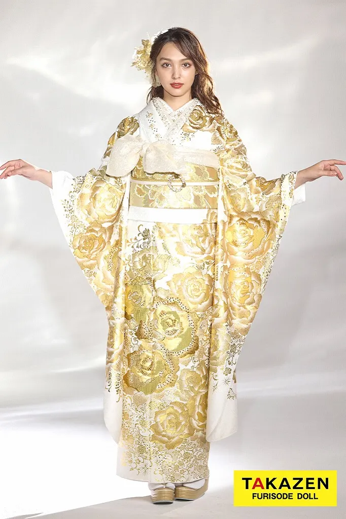 モード系 白金/ゴールド 薔薇柄 ゴージャス キラキラ振袖