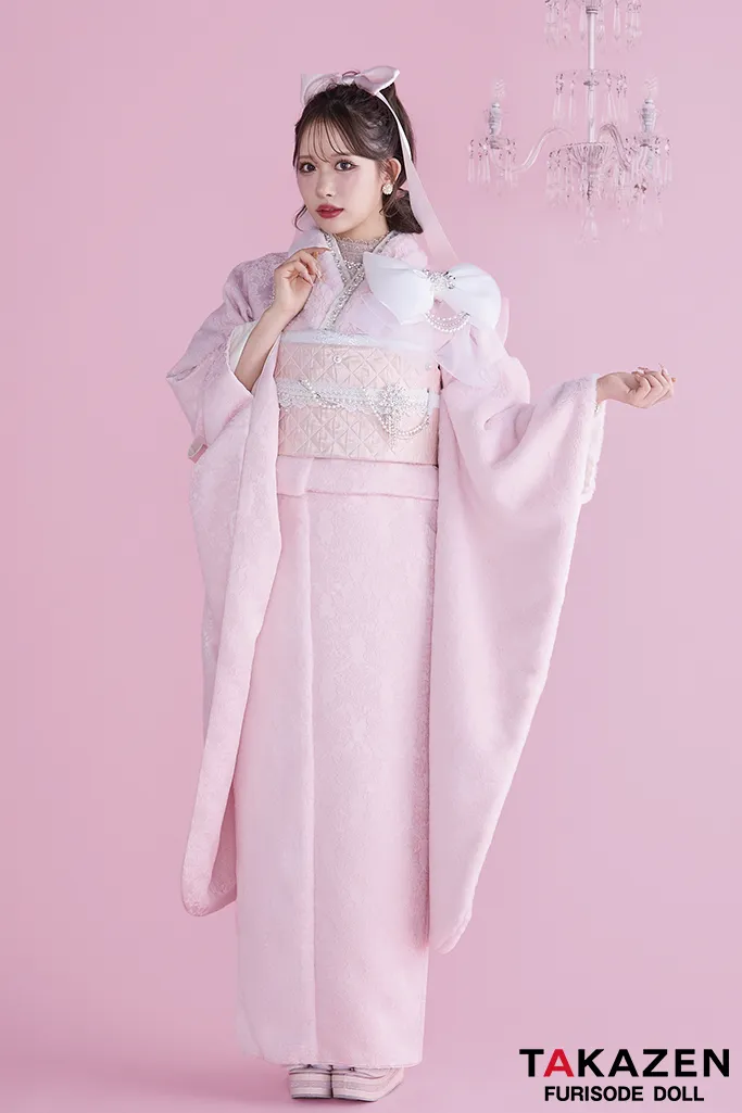 ヘップバーンシュシュ ピンク ファー/ジャガード生地 リボン・キラキラ