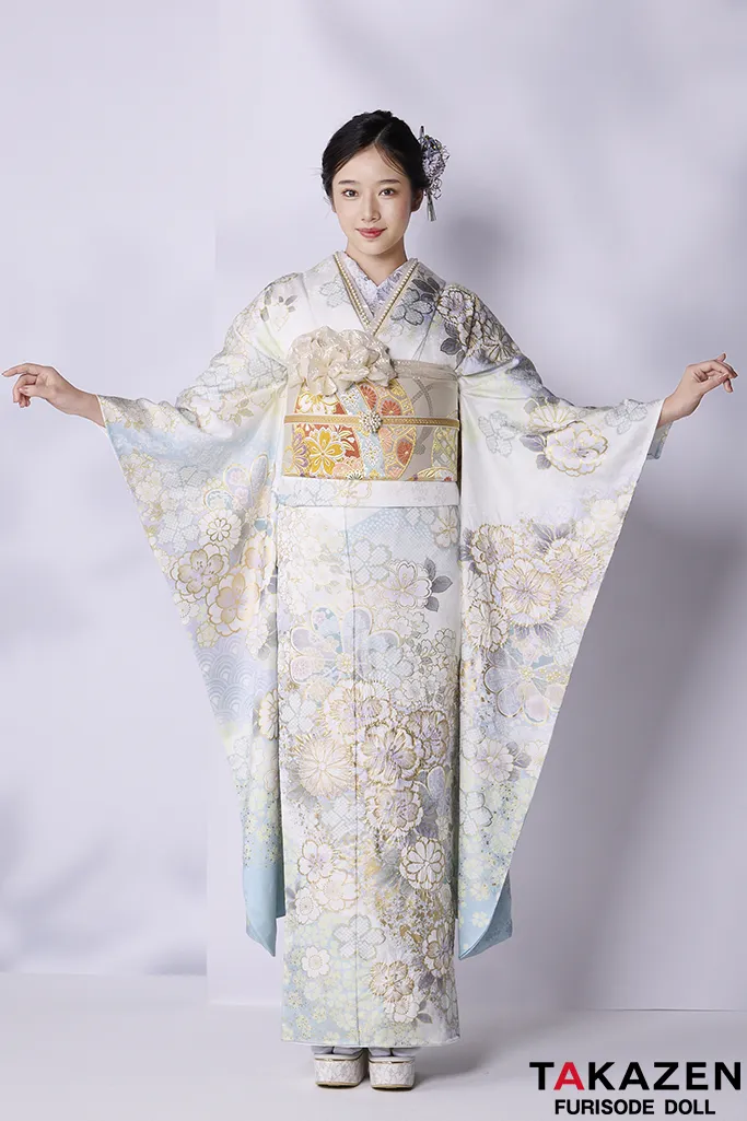 akmx181 正絹 振袖 白/藍色 パールトーン加工 13号 花柄 akmx181 正絹