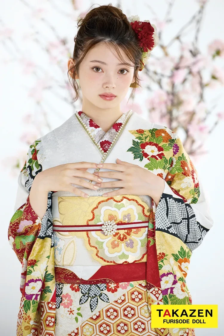 最新作プレミアム古典 白赤 菊柄 吉澤織物『逸品』最高級染繍桶絞り