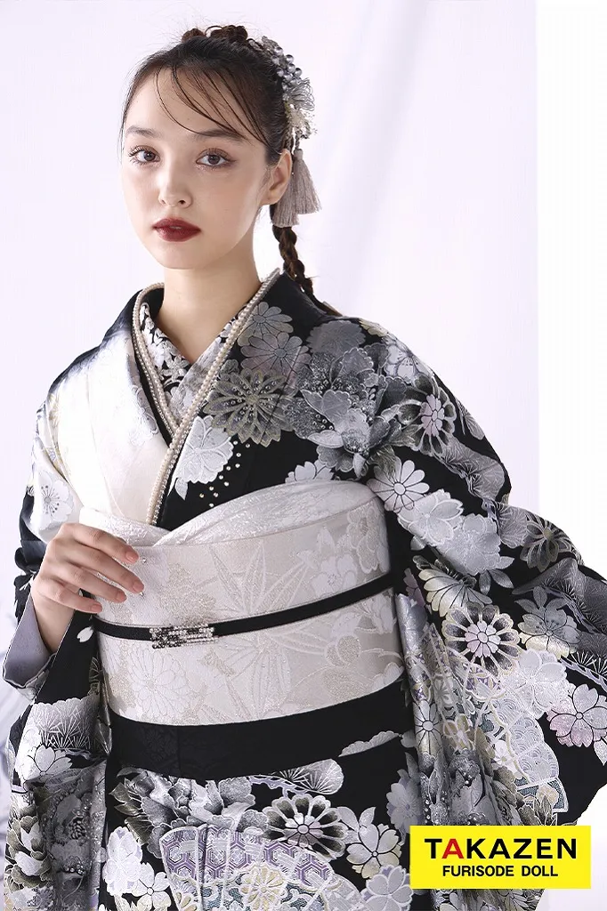 粋古典 シルバー/白黒 扇面柄/牡丹柄 最高級金彩刺繍友禅 かっこいい