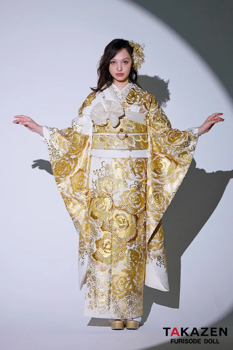 モード系 白金/ゴールド 薔薇柄 ゴージャス キラキラ振袖
