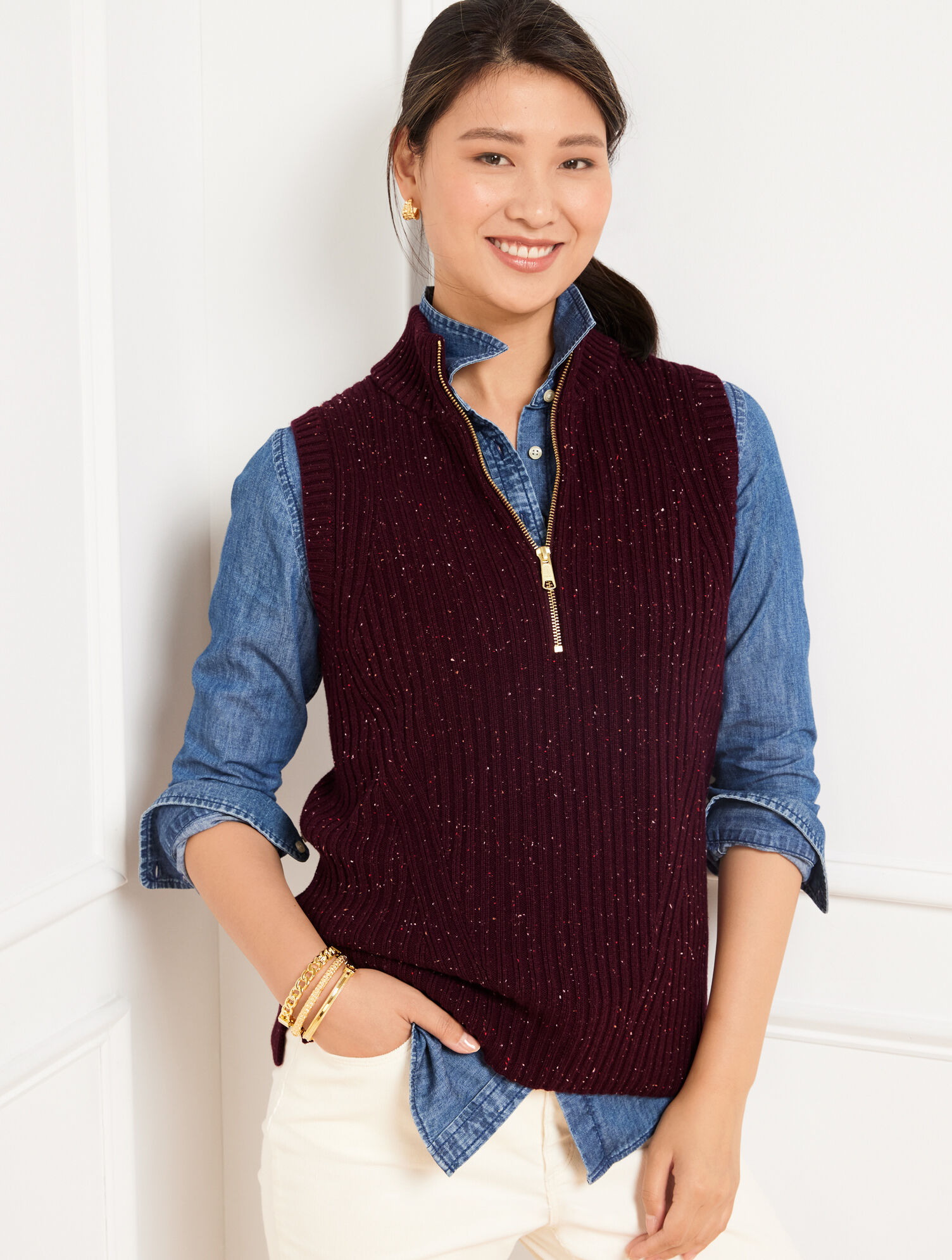 Ribbed Half-Zip Sweater Vest - Rich Burgundy | Talbots