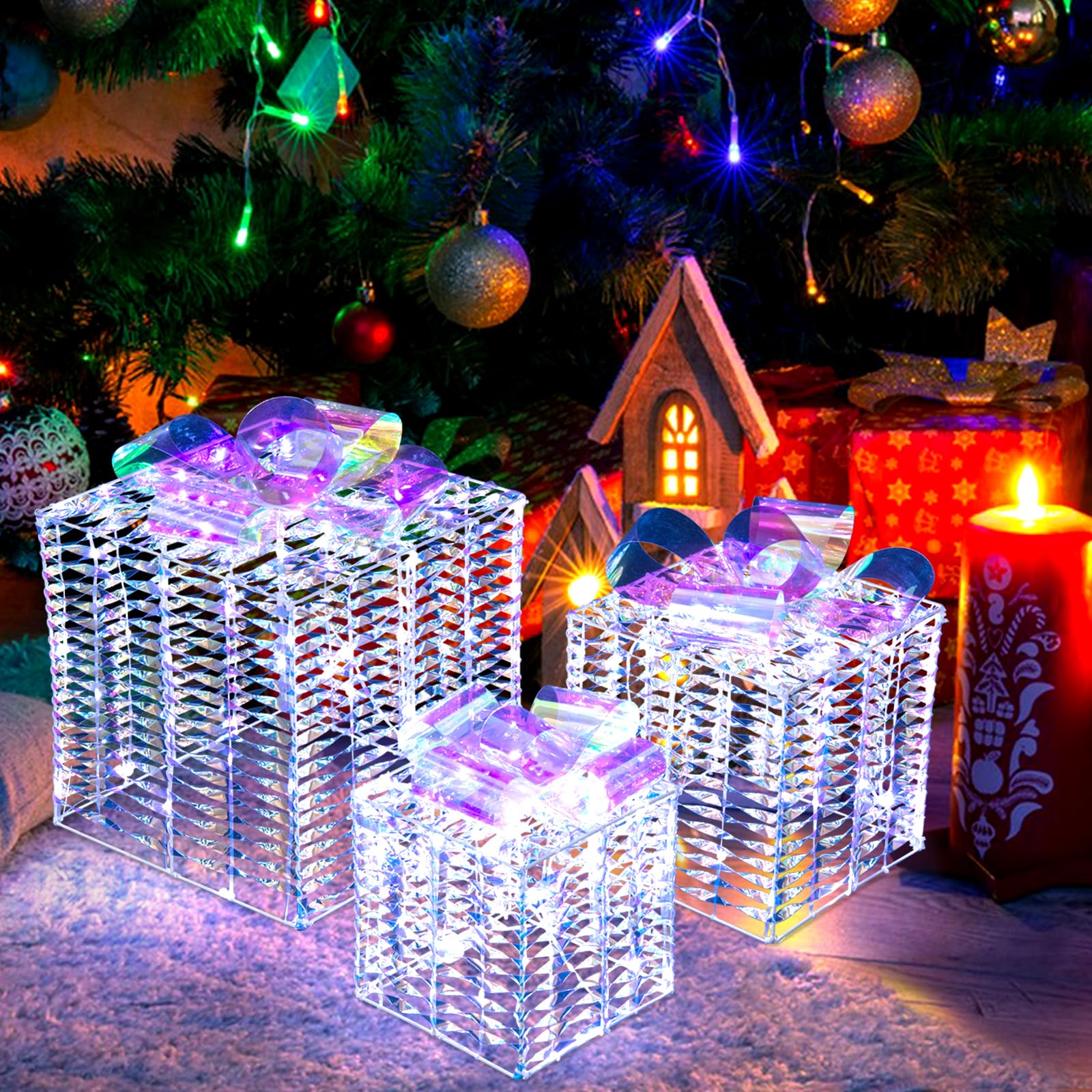 Tangkula Set of 3 Christmas Iridescent Box, 156 Cold White LED